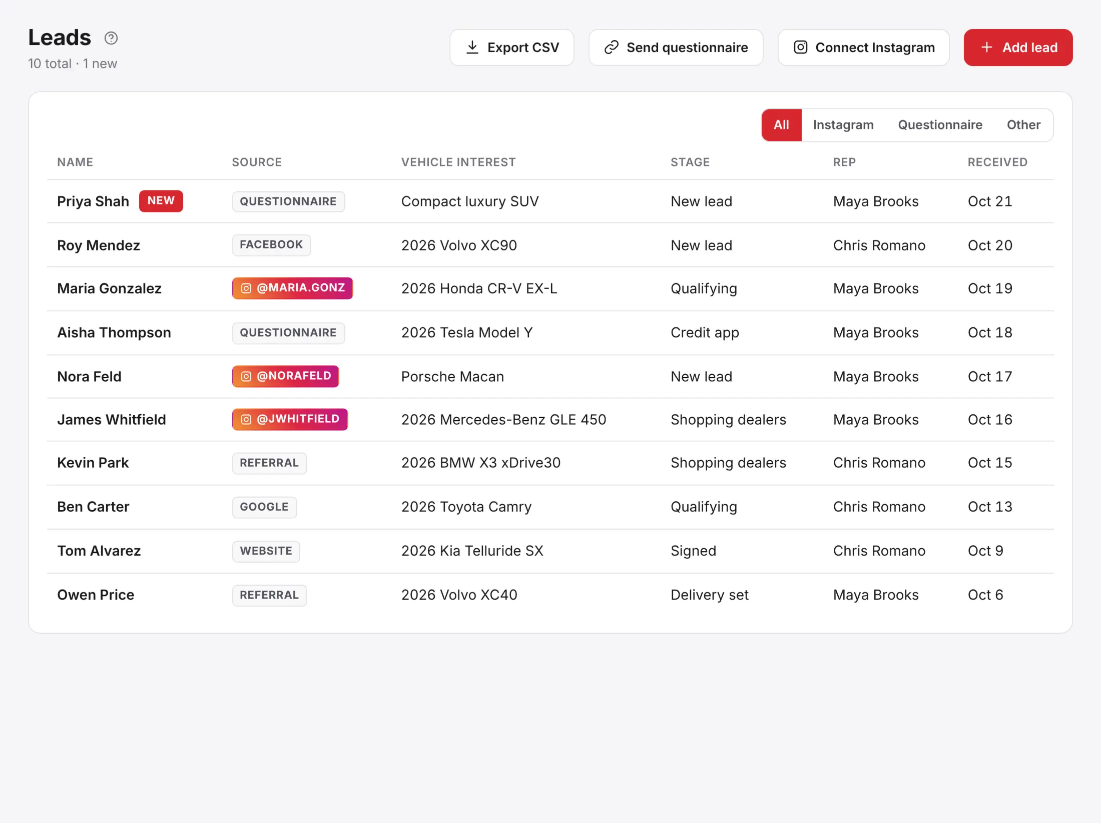 LeaseDash leads list with Instagram, questionnaire and referral sources