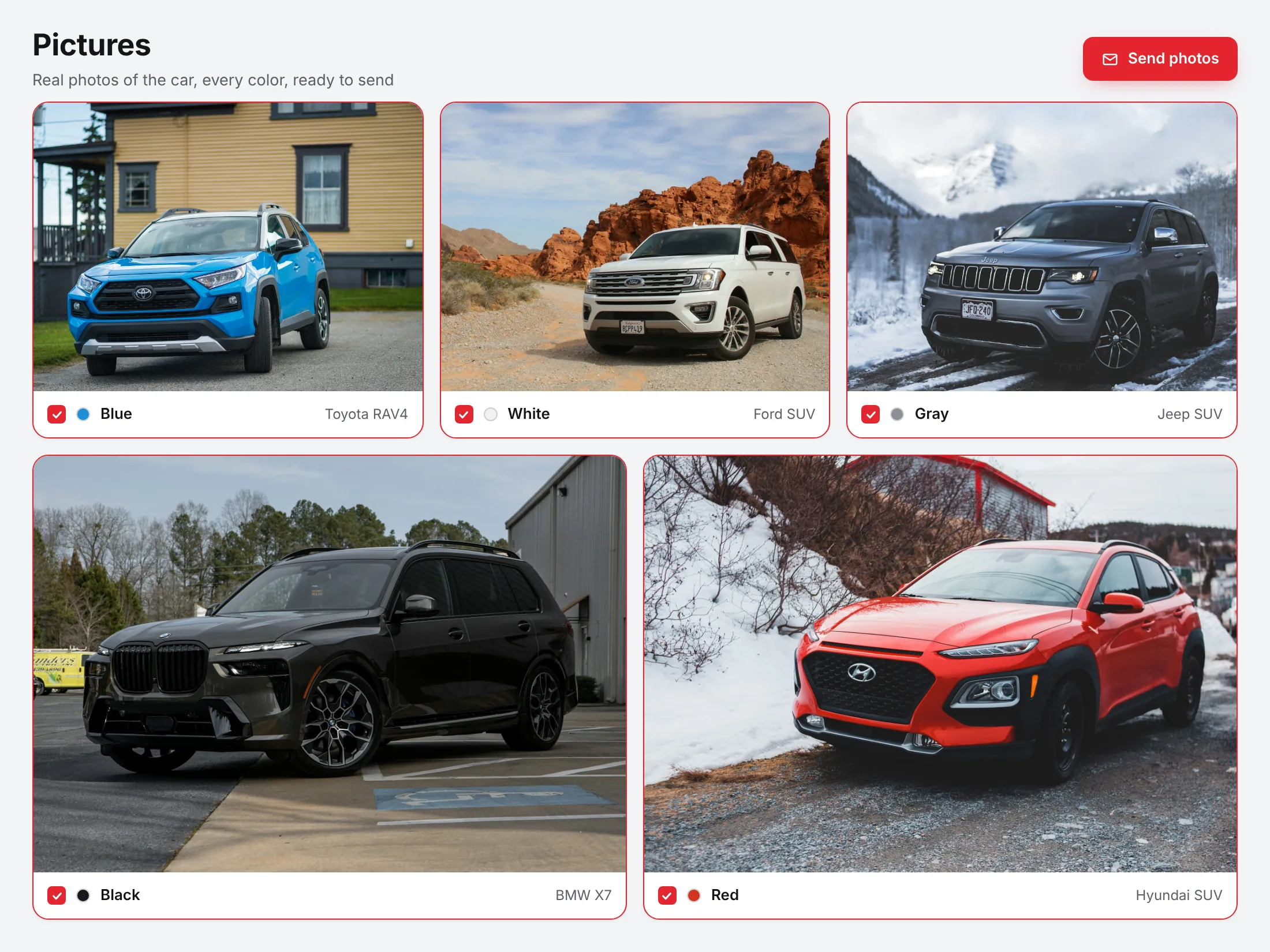 Real car photos in different colors, ready to text to a customer