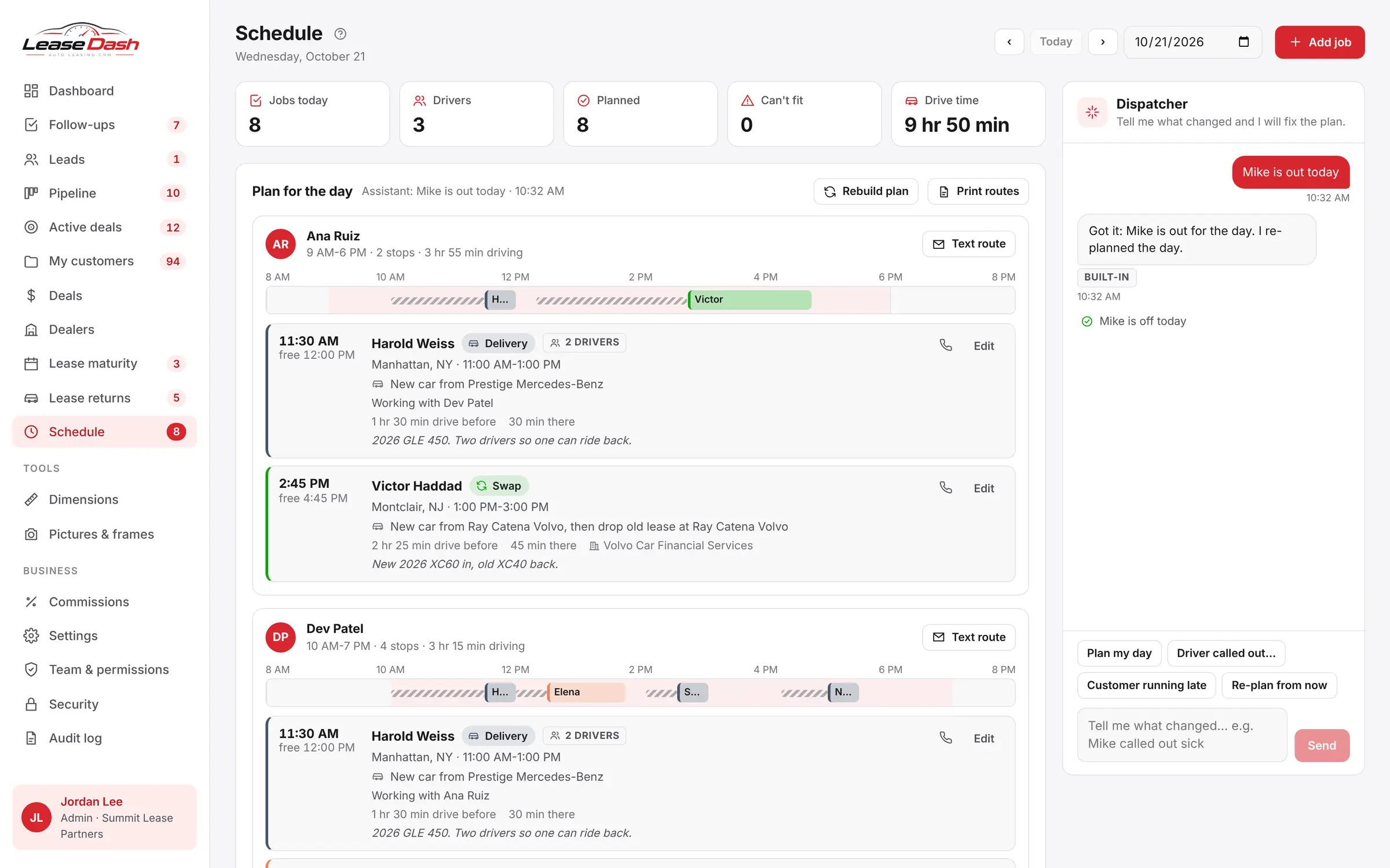 The day's delivery and lease-return pick-up plan for drivers, with customer time preferences and a re-plan after a change